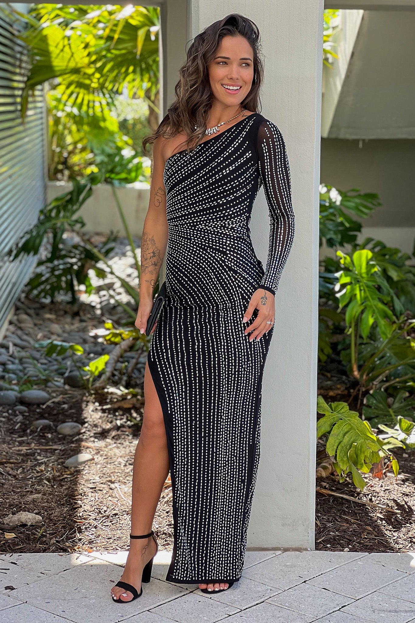 Black Maxi Dress with Embroidered Top and Slit main image 1