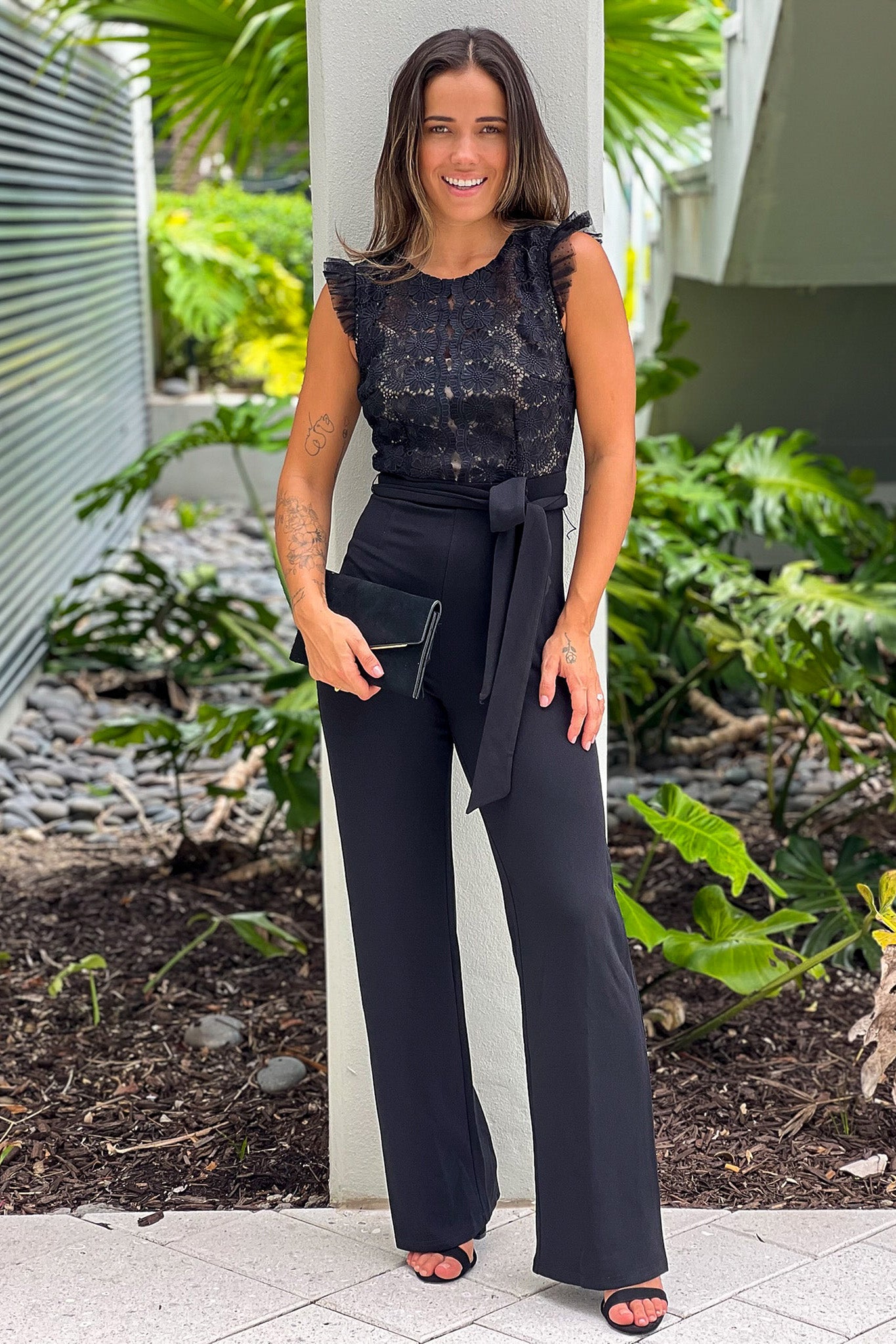 Women Black Shawl Collar Front Tie Belted Jumpsuit