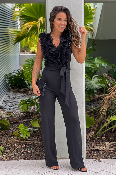 black jumpsuit with ruffle top