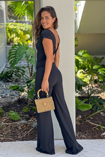 black jumpsuit with twisted back