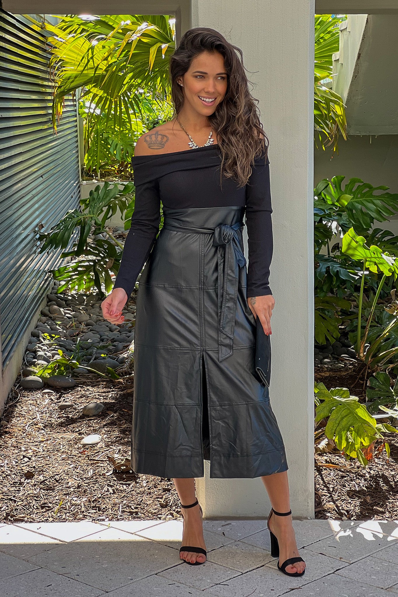 leather off shoulder dress Black With Faux Fully lined Color:Dark Indigo techno ASOS DESIGN long sleeve
