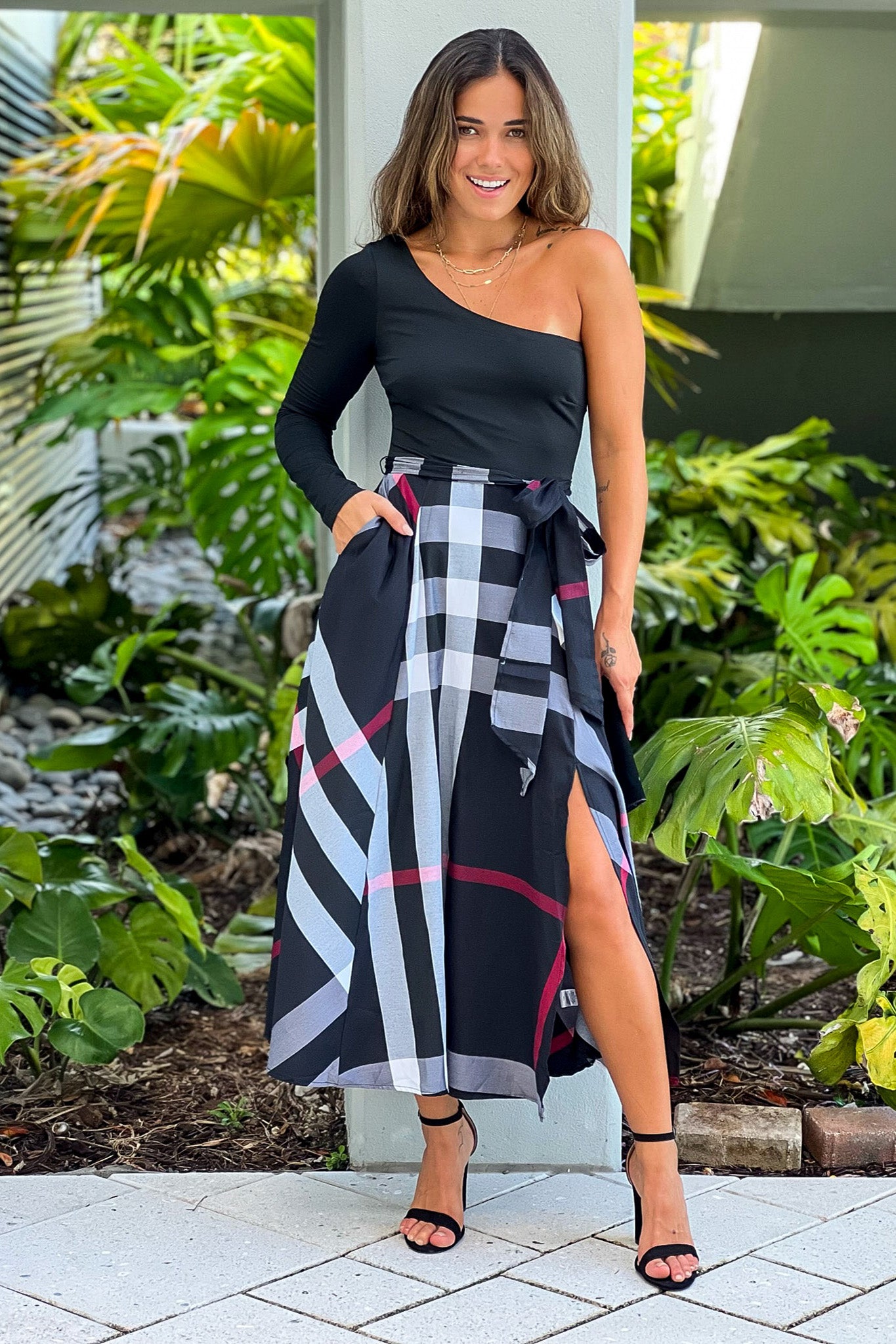 Black Plaid Skirt Midi Dress Black Plaid Skirt Midi Dress