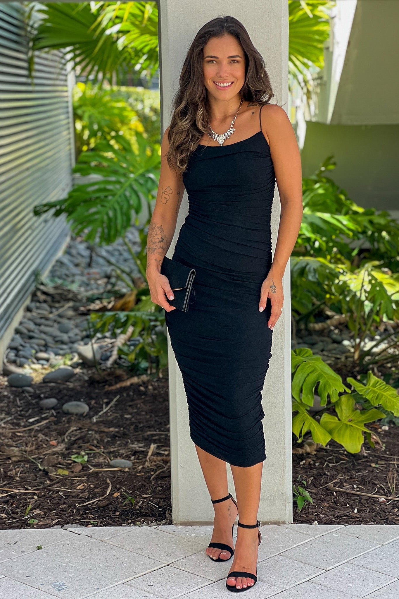 Black Ruched Midi Dress With Zipper Detail | Maxi Dresses Saved by the Dress Black Ruched Midi Dress With Zipper Detail | Maxi Dresses Saved by the Dress