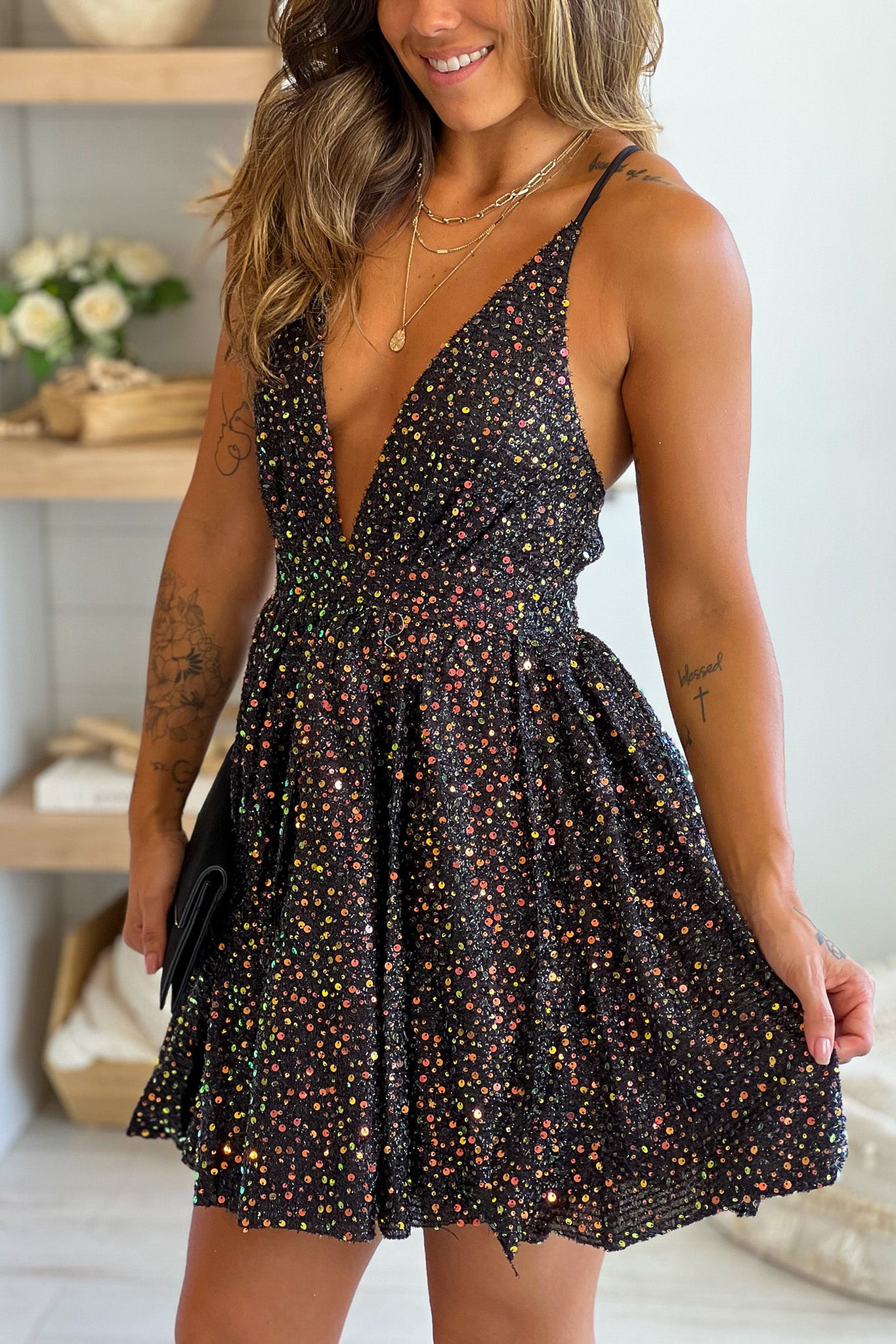 Black Sequin V-Neck Short Dress With Criss Cross Back Black Sequin V-Neck Short Dress With Criss Cross Back