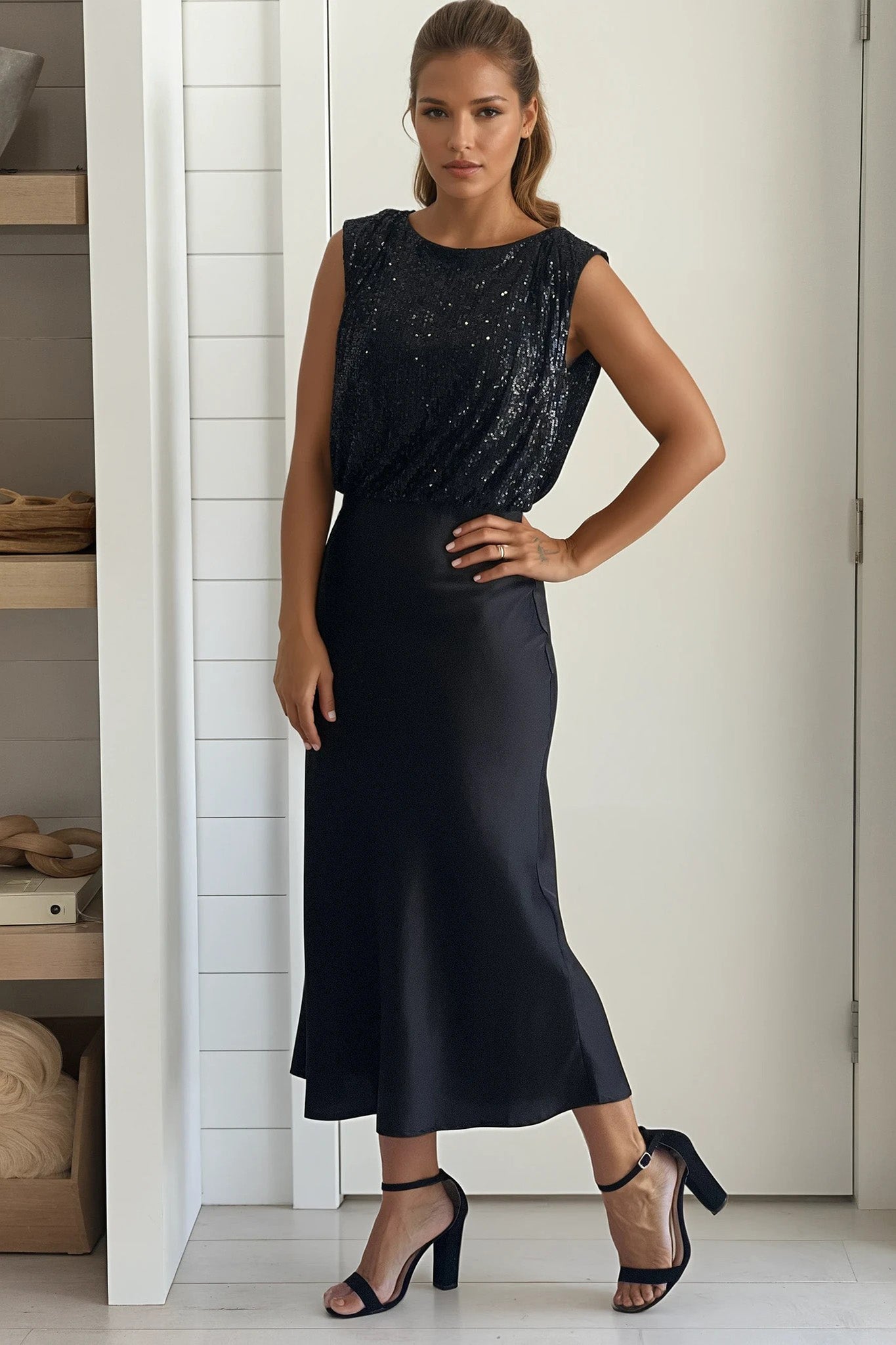satin midi black dress Black Sequined Top Satin Midi Dress