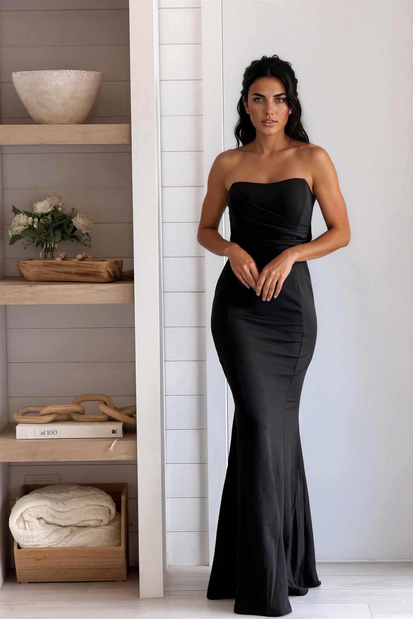 Black Strapless Ruffle Detail Maxi Dress