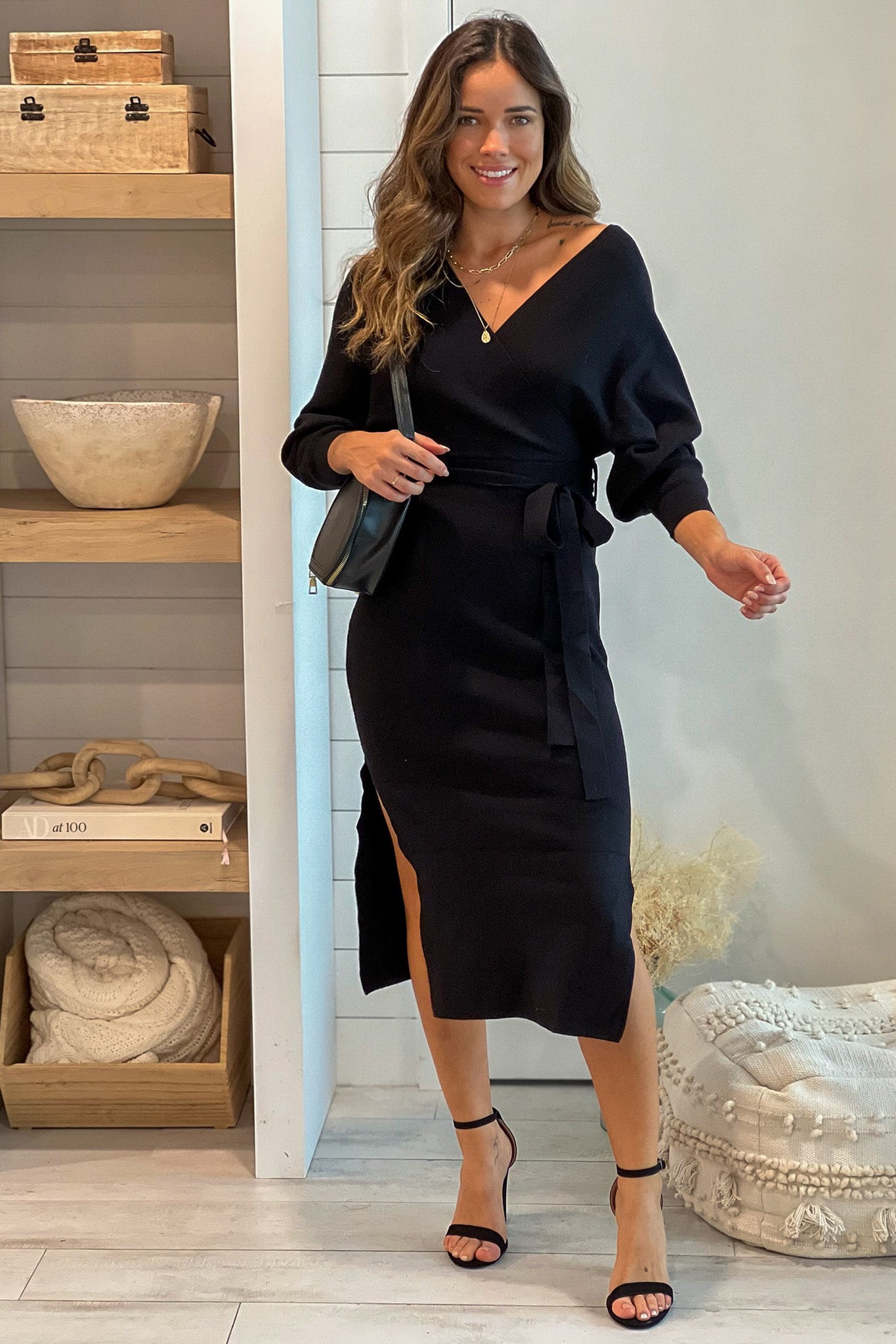 Black V-Neck Ribbed Midi Dress