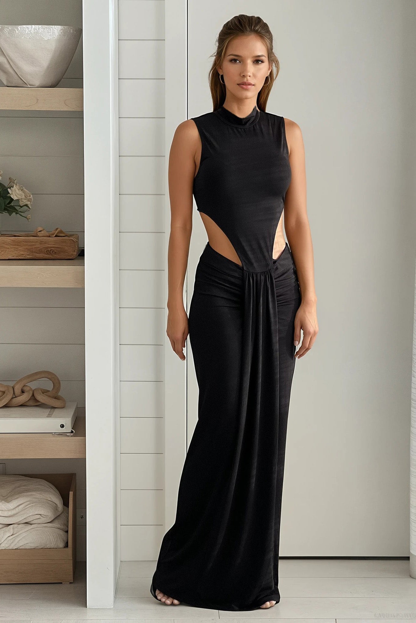 Black Waist Cut Out Mock Neck Maxi Dress