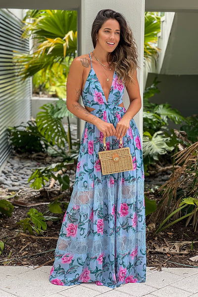 blue floral maxi dress with cut out and lace detail