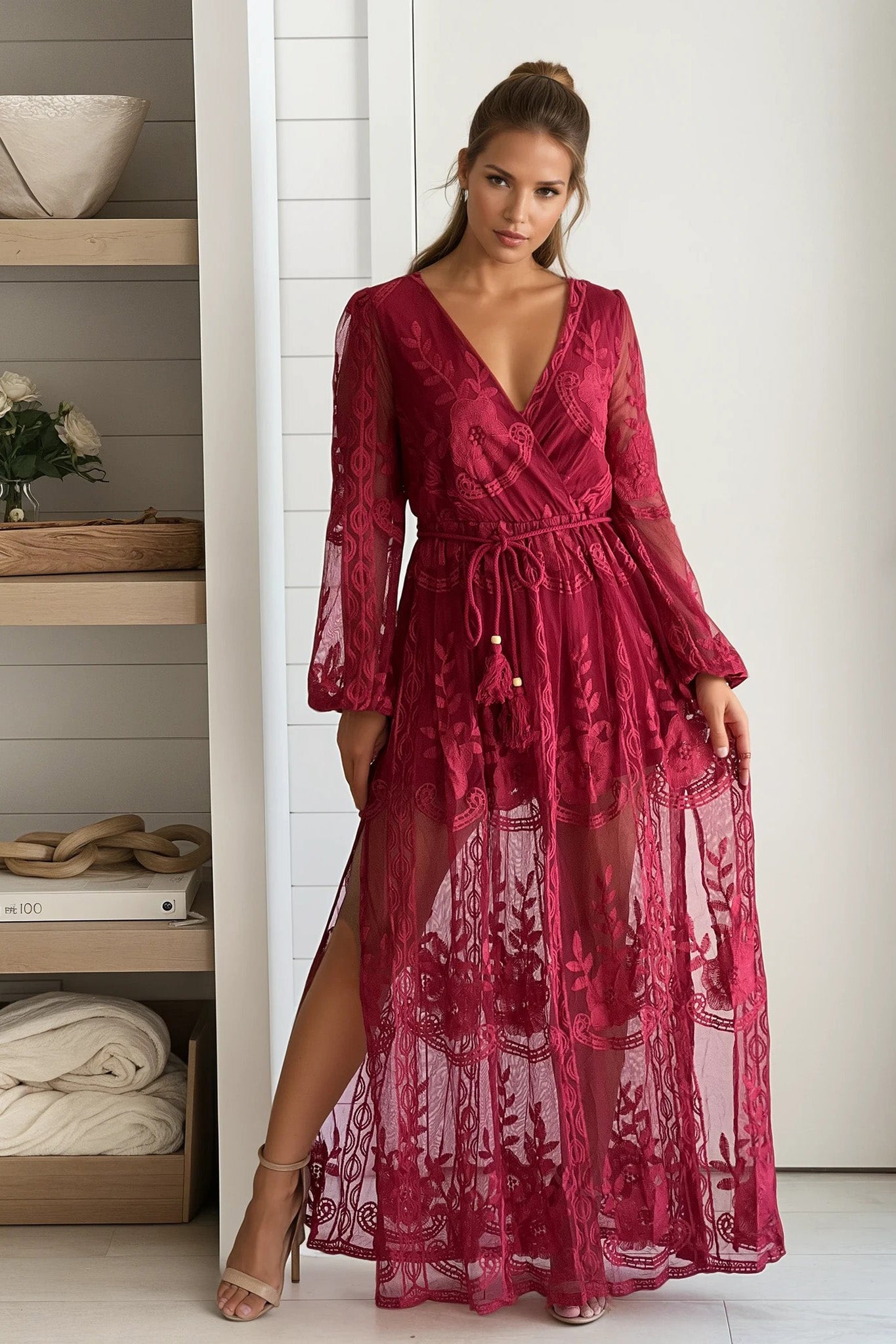 Burgundy Lace Maxi Dress With Belt