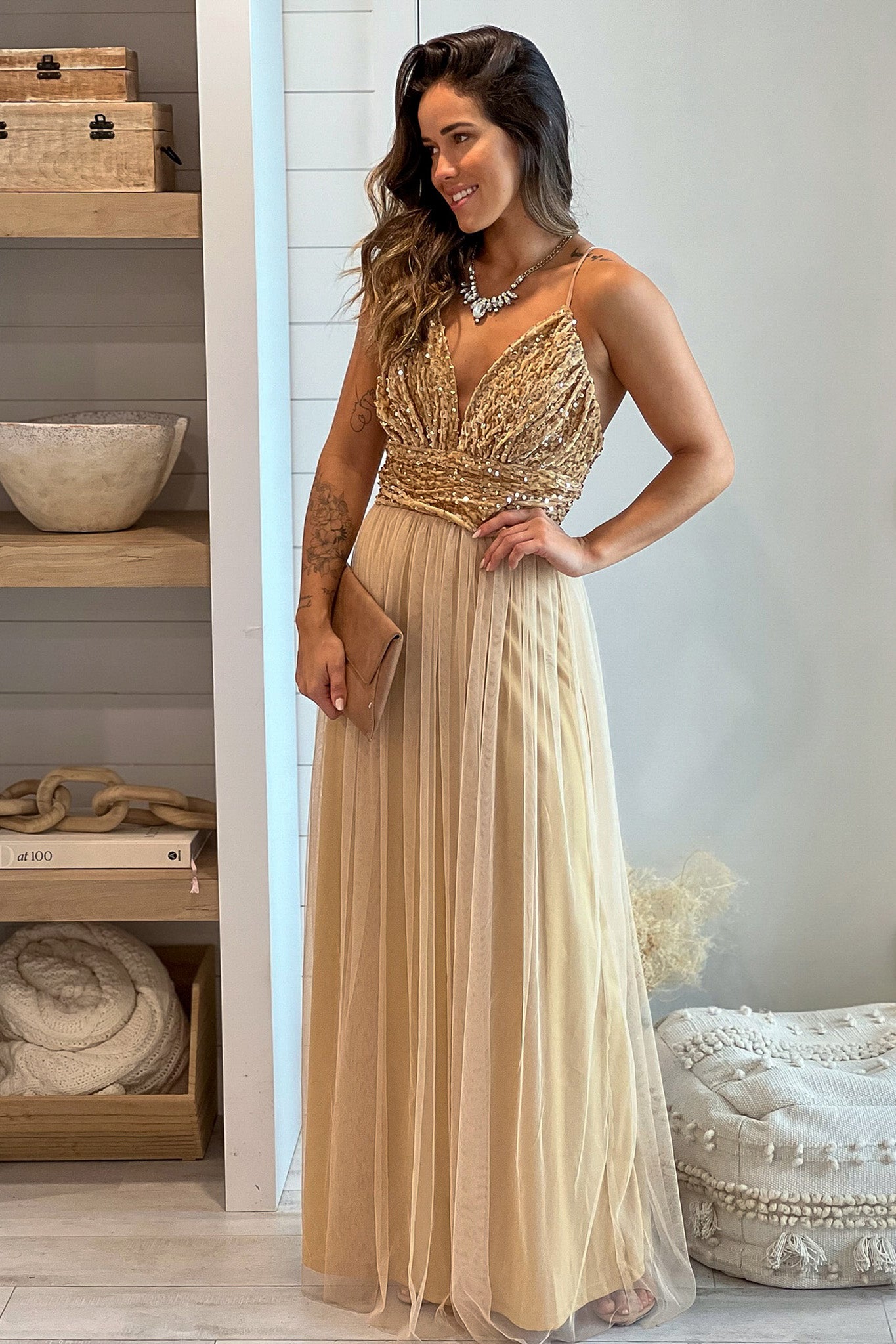 Champagne Mesh Maxi Dress With Sequin Top | Formal Dresses Saved by the Dress Champagne Mesh Maxi Dress With Sequin Top | Formal Dresses Saved by the Dress