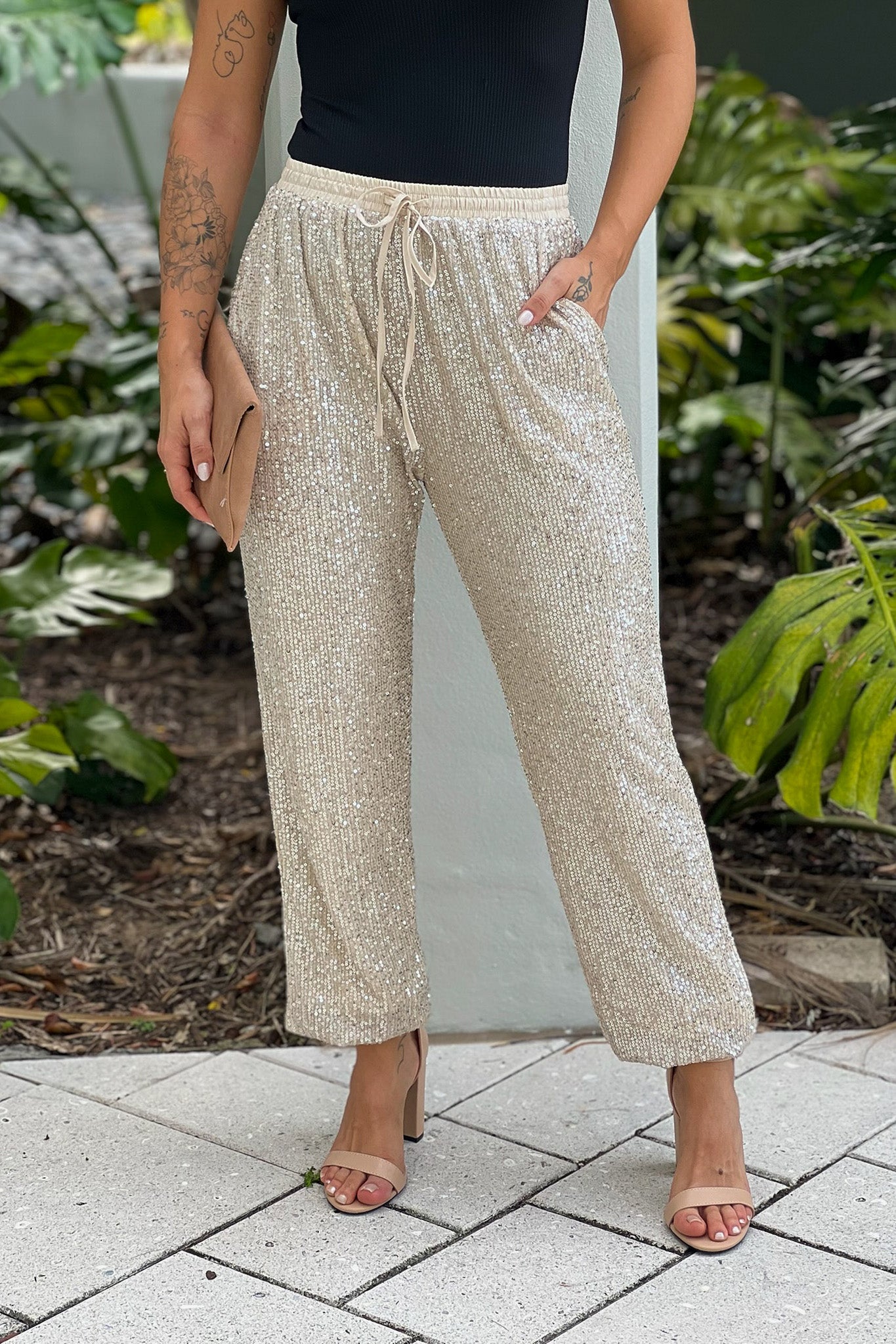 champagne sequin joggers