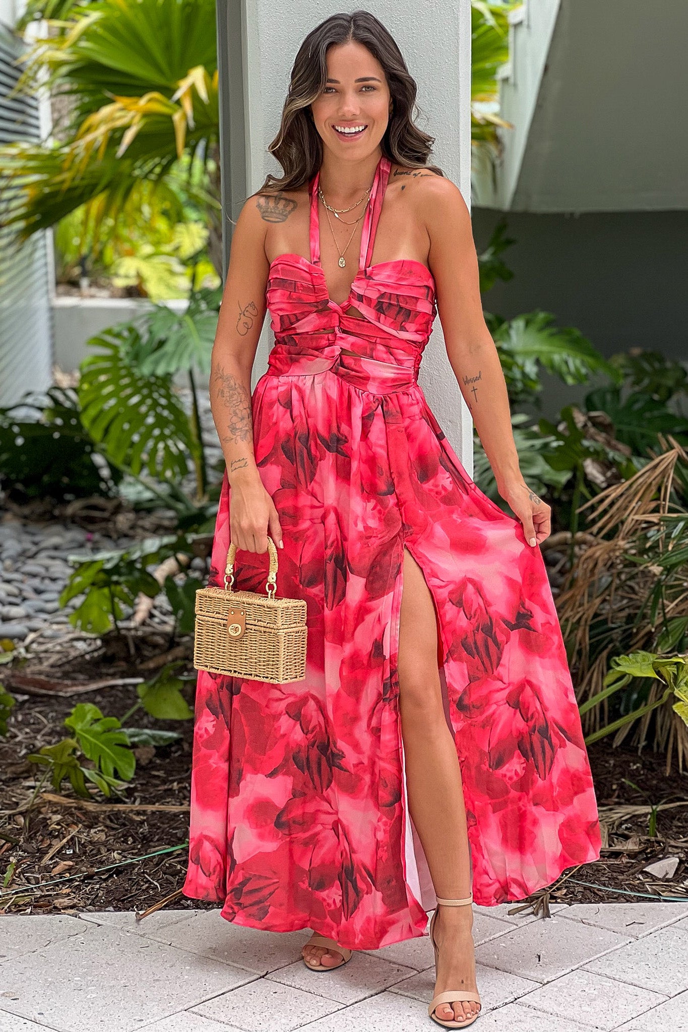 Half Sleeve Lace Top Dress with Slit Coral