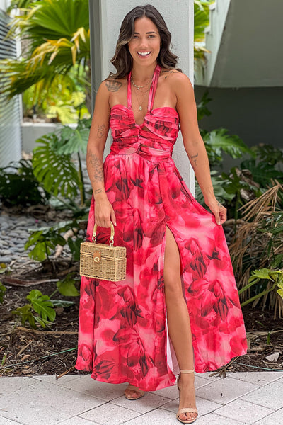 coral printed midi dress with cut out and slit