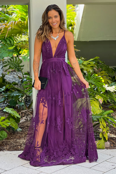 eggplant floral tulle maxi dress with criss cross back