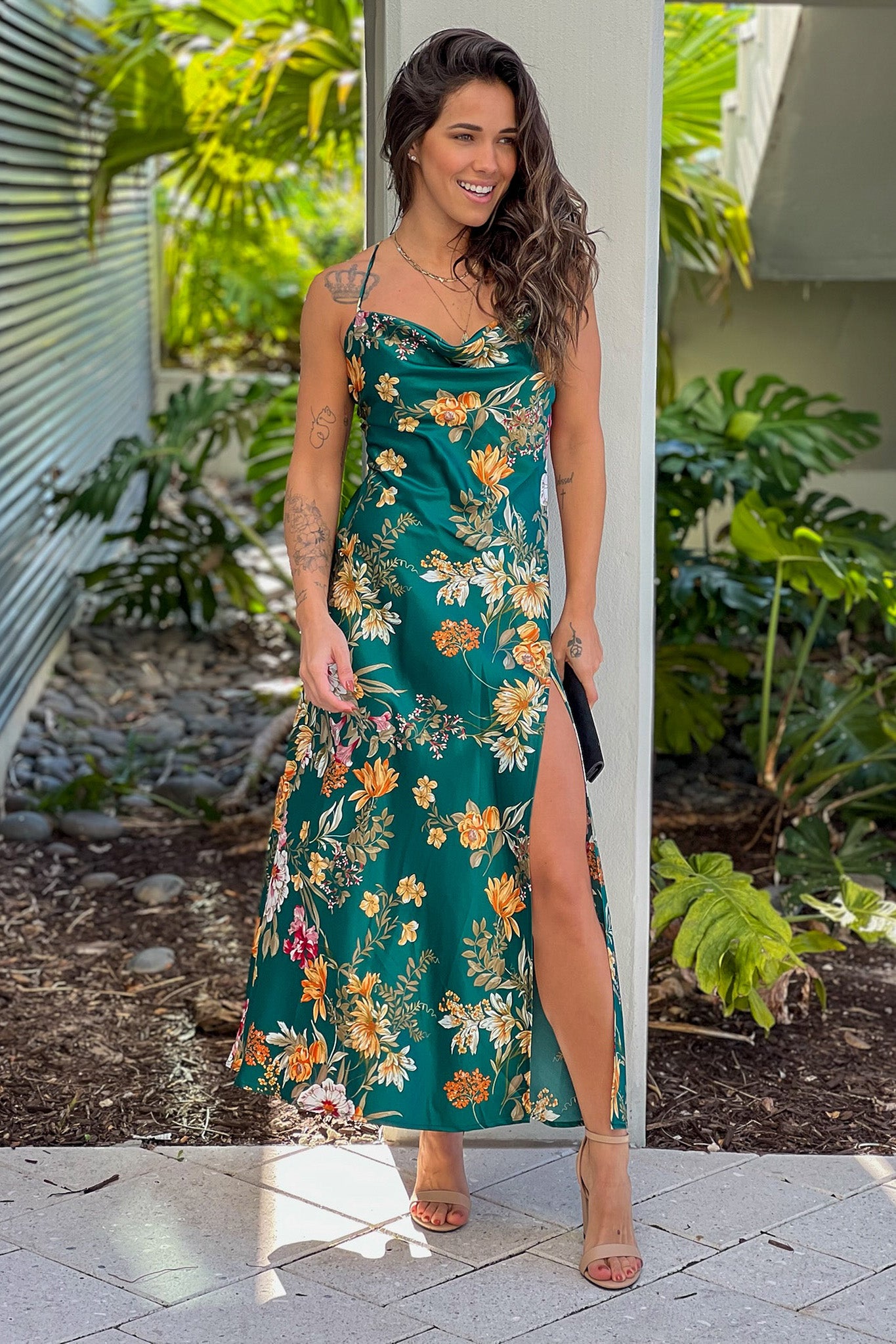 Green Floral Satin Dress Straps Green Floral Appliques Satin Maxi Dress PollyBoutique Green Floral Satin Dress Straps Green Floral Appliques Satin Maxi Dress PollyBoutique
