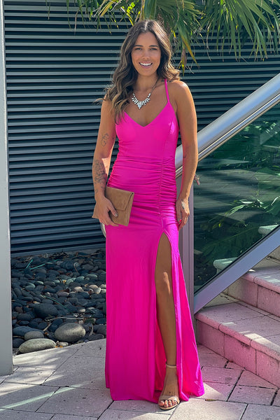 fuchsia ruched maxi dress with slit