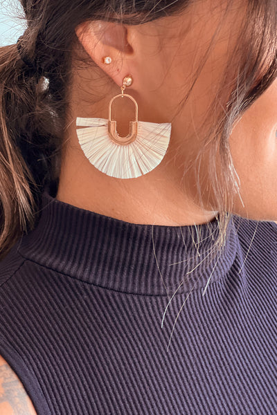 gold fan shape raffia straw earrings