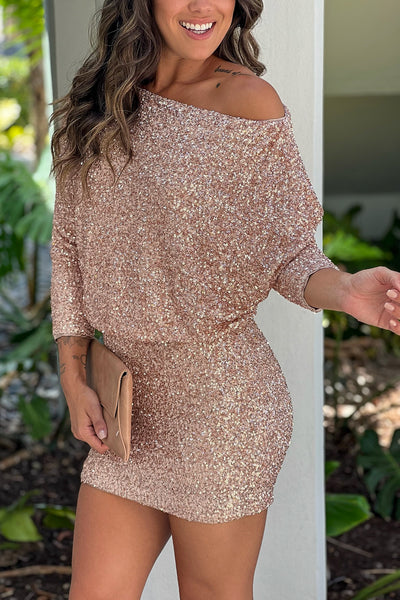 gold sequin short dress with sleeves