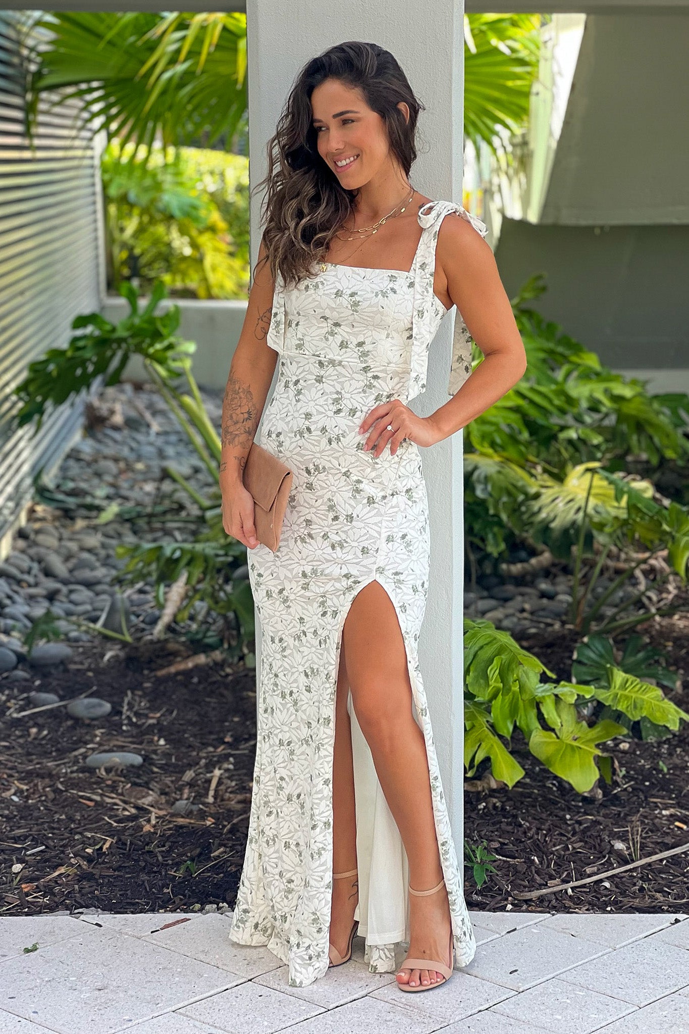 Ivory And Green Floral Maxi Dress With Slit | Maxi Dresses Saved by the Dress Ivory And Green Floral Maxi Dress With Slit | Maxi Dresses Saved by the Dress