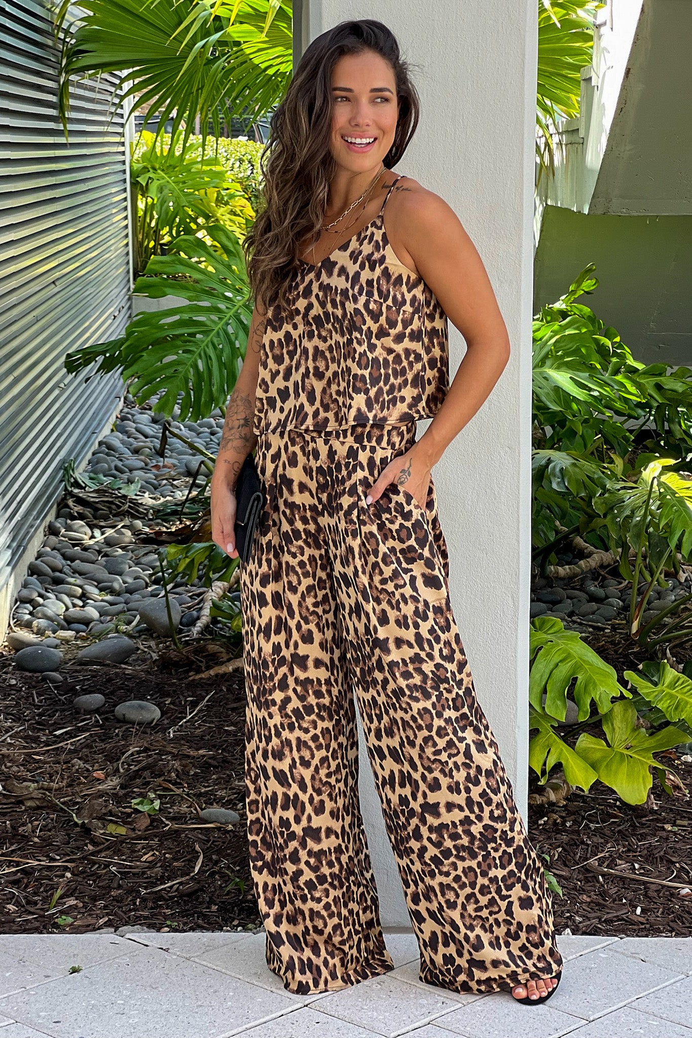 Leopard Print Lapel Long Sleeve Top High Waisted Pants Set main image 1