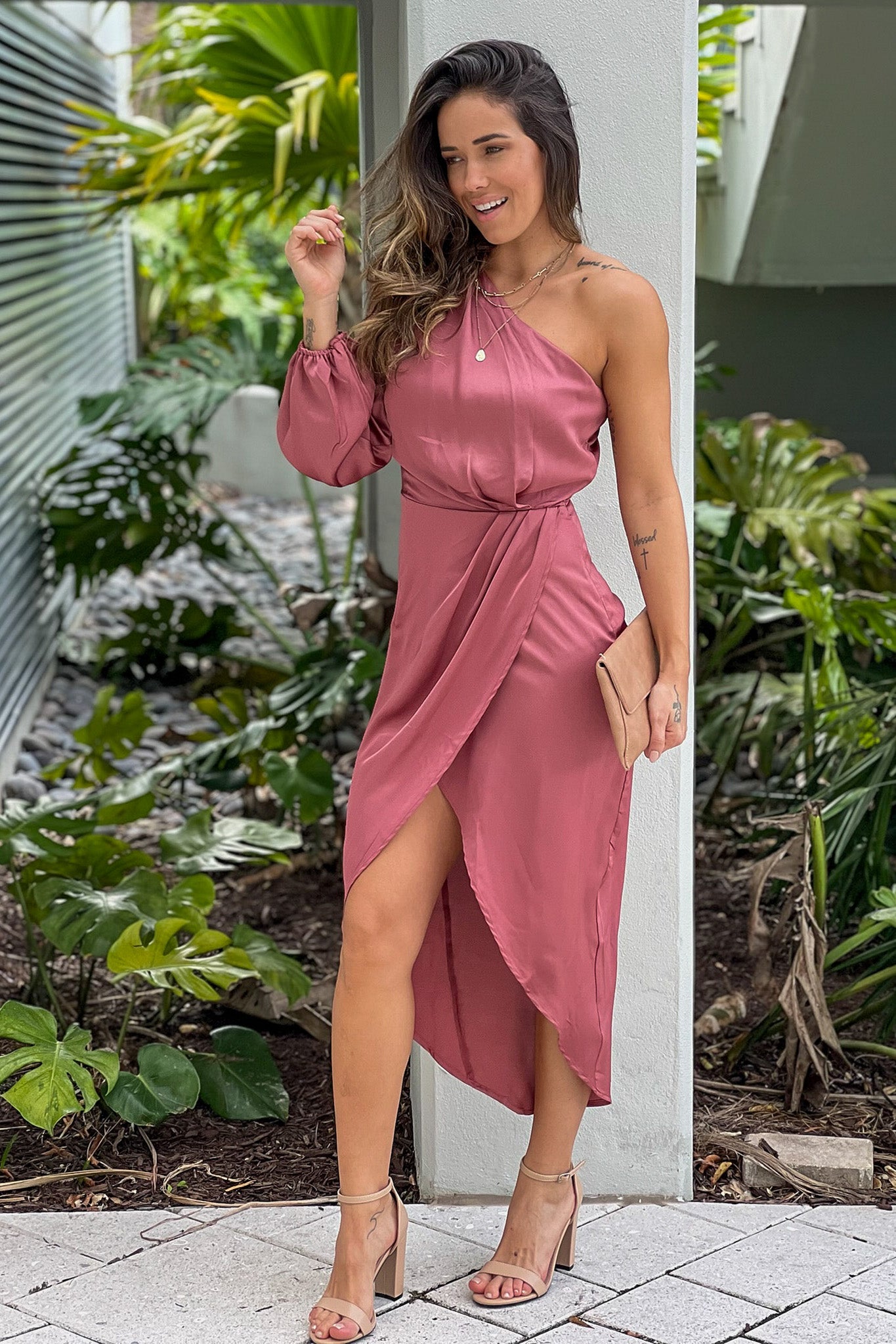 Mauve Solid Silk Blend Fit And Flare One Piece Dress
