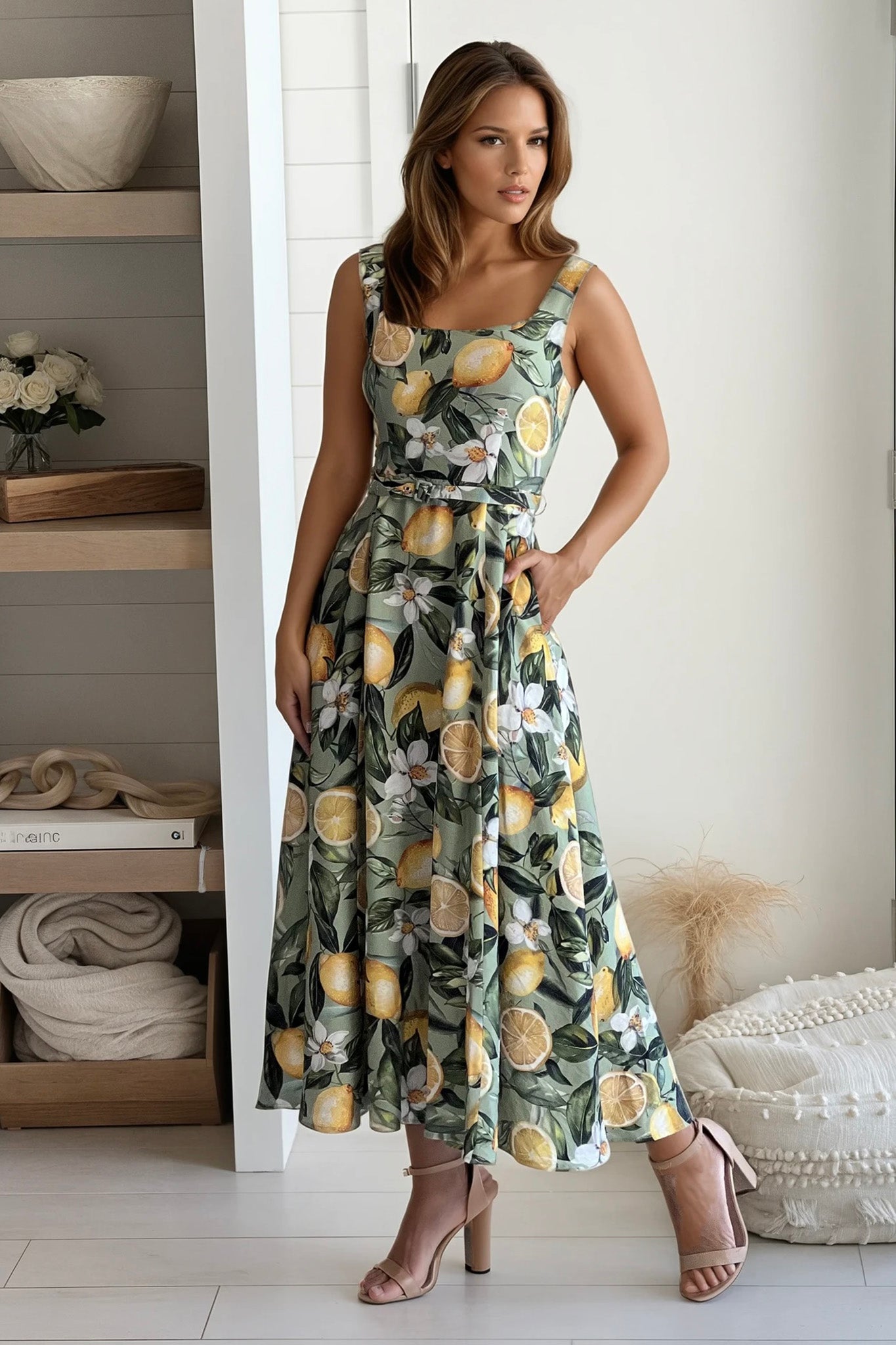 Mint Lemon Midi Dress With Pockets