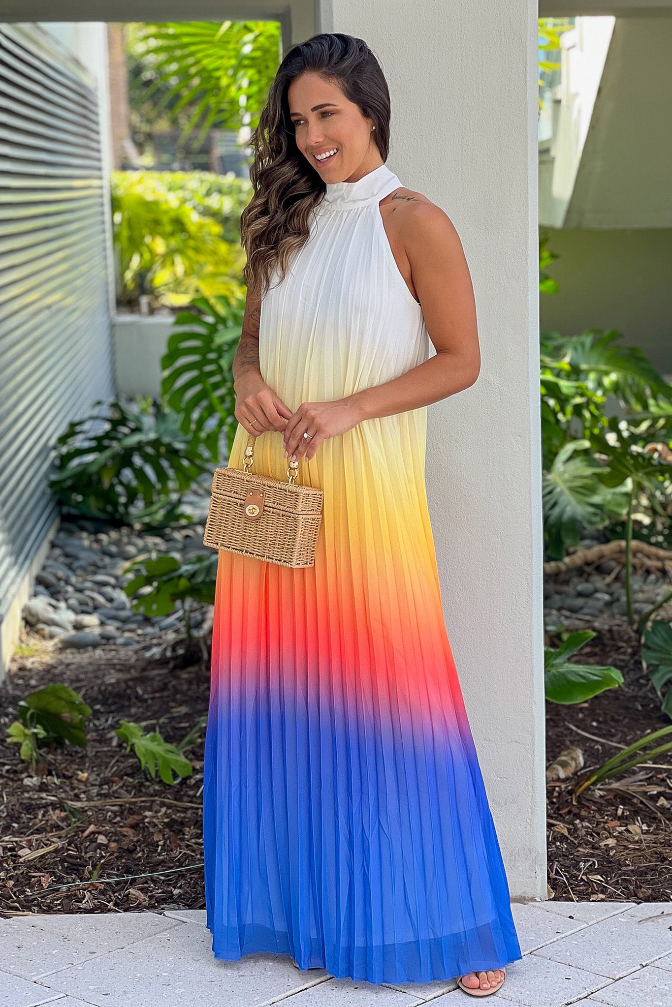 multi color pleated casual maxi dress