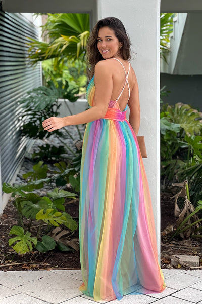 multicolor maxi dress with criss cross back