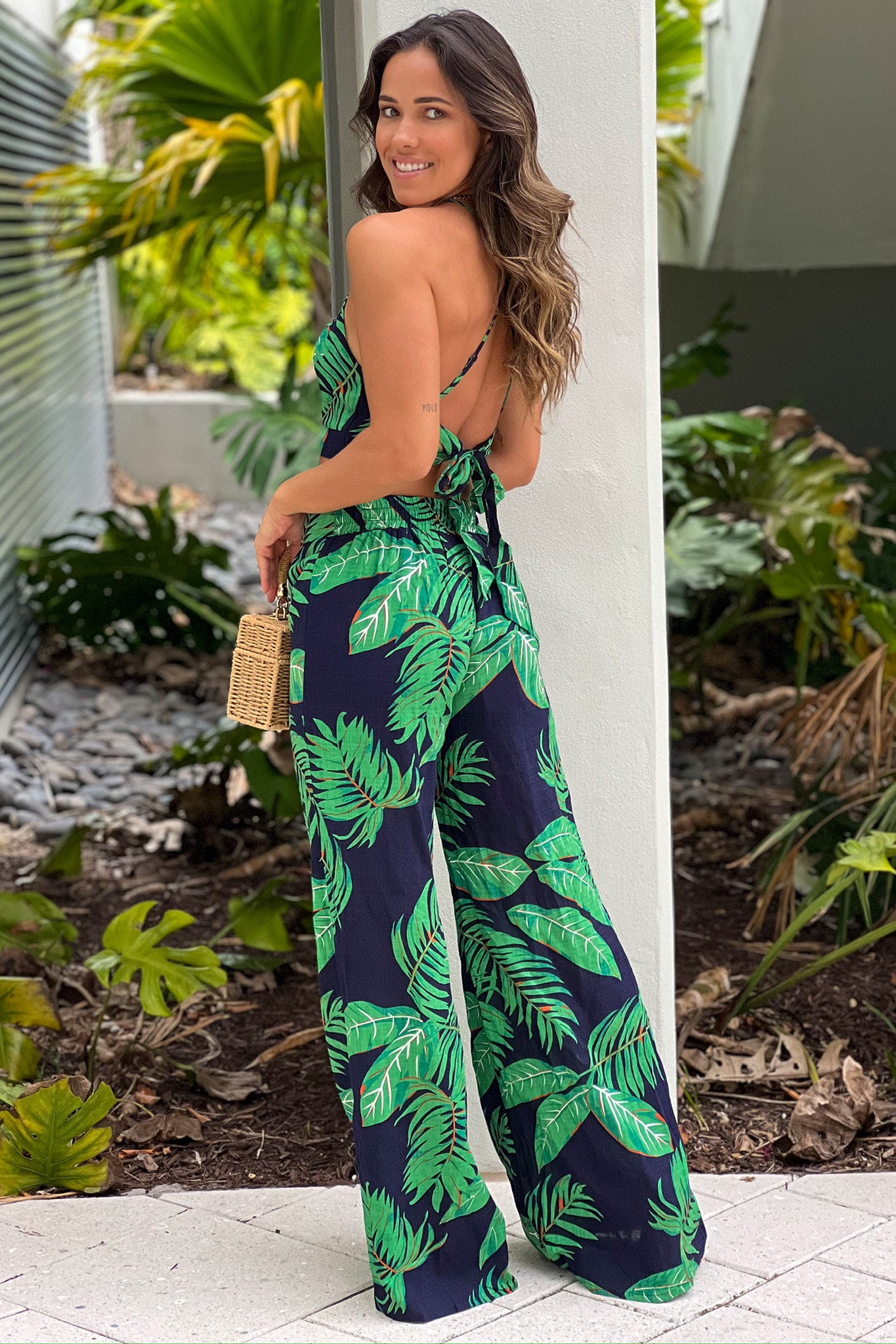navy and green criss cross back top and pants set