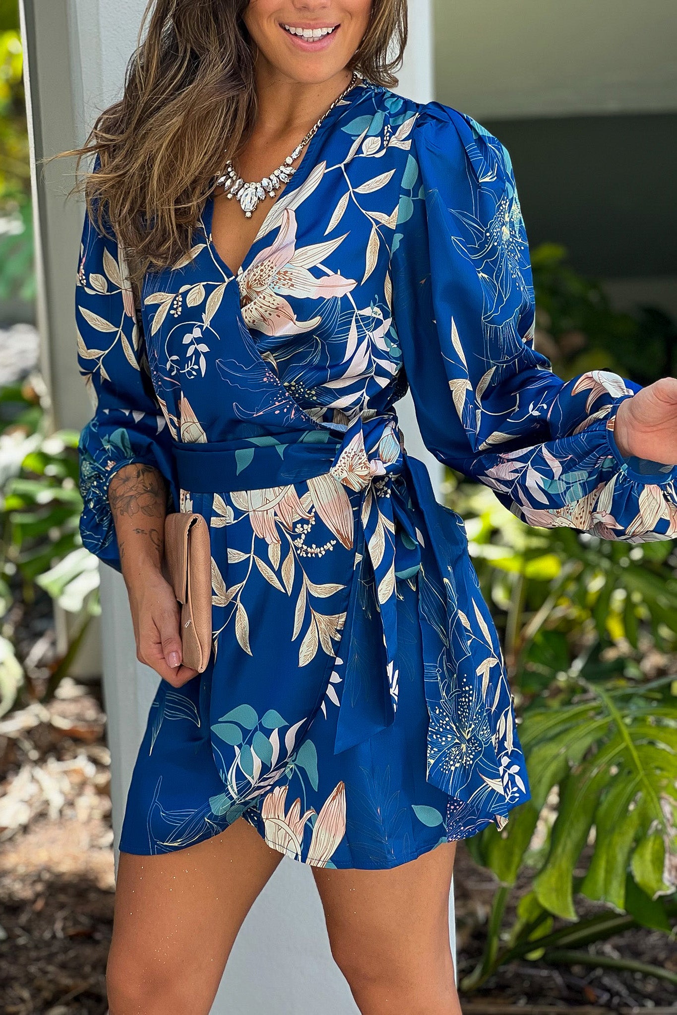 Navy Floral Satin Wrap Short Dress | Short Dresses Saved by the Dress Navy Floral Satin Wrap Short Dress | Short Dresses Saved by the Dress