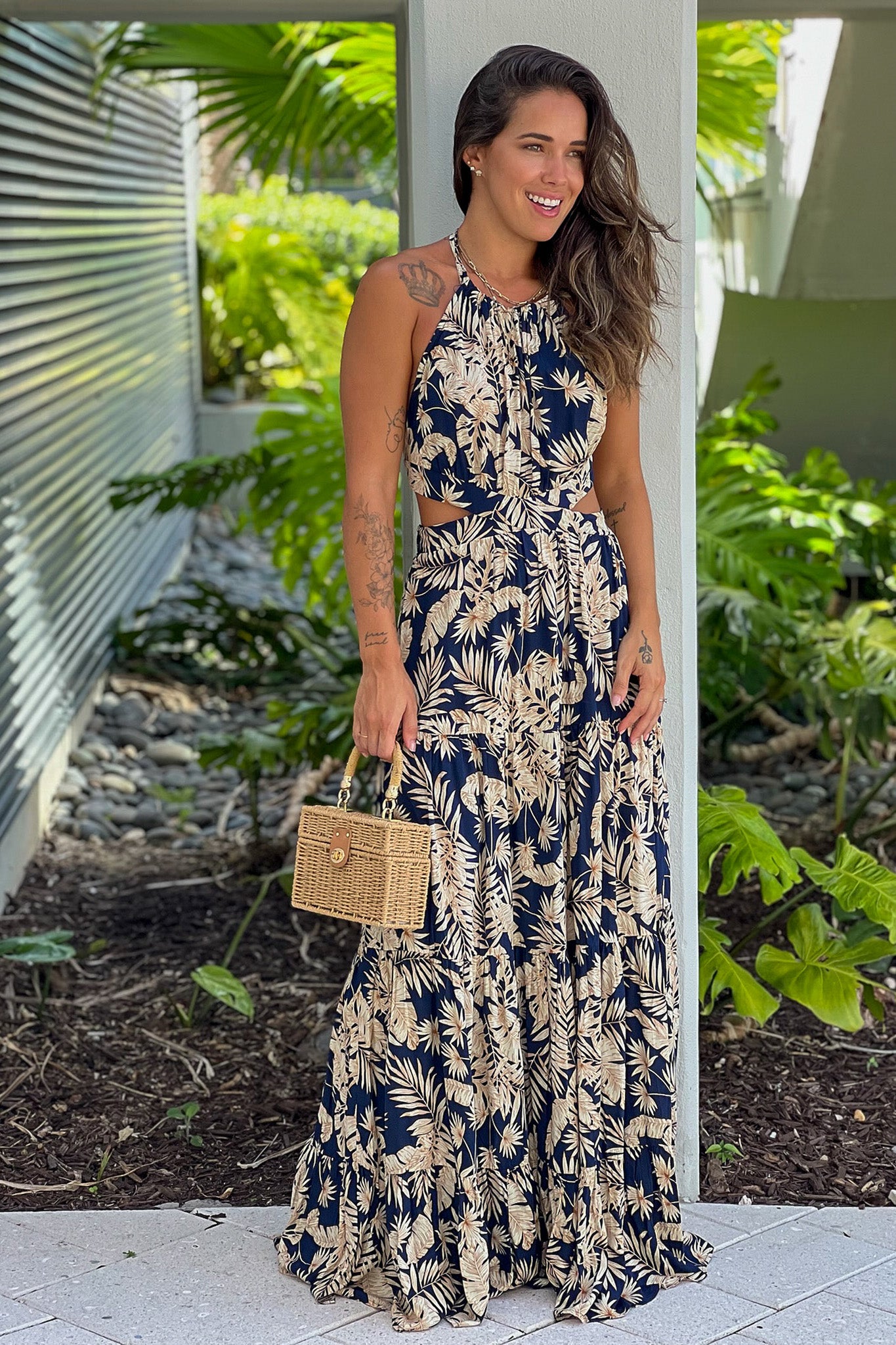 Crewneck Draped Tie Back Maxi Dress