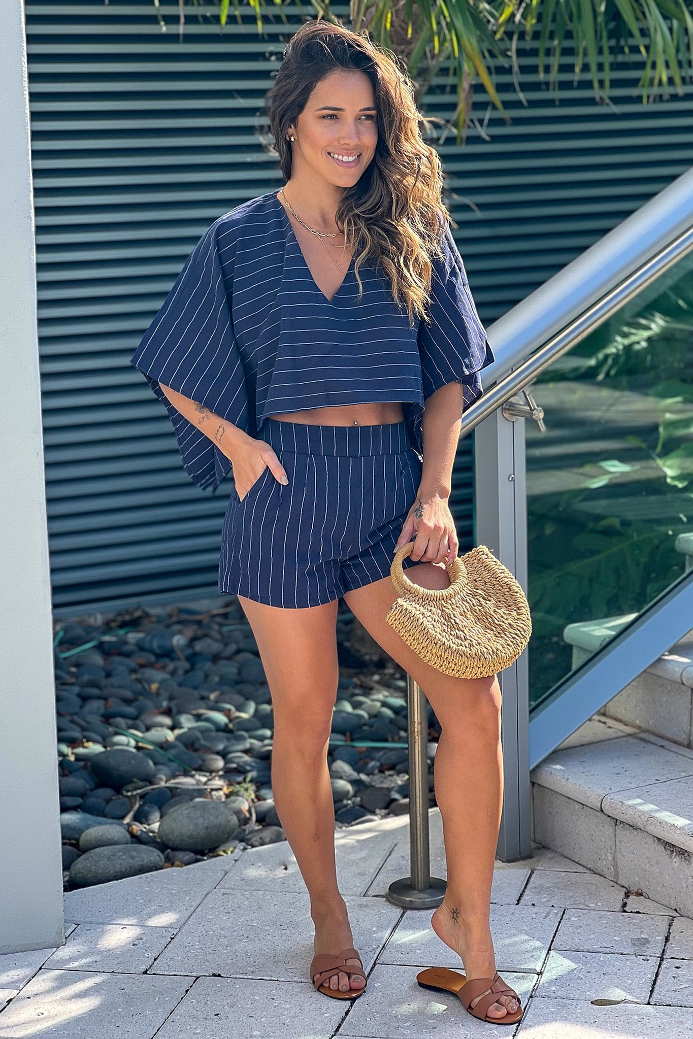 Navy Striped Top And Short Pants Set