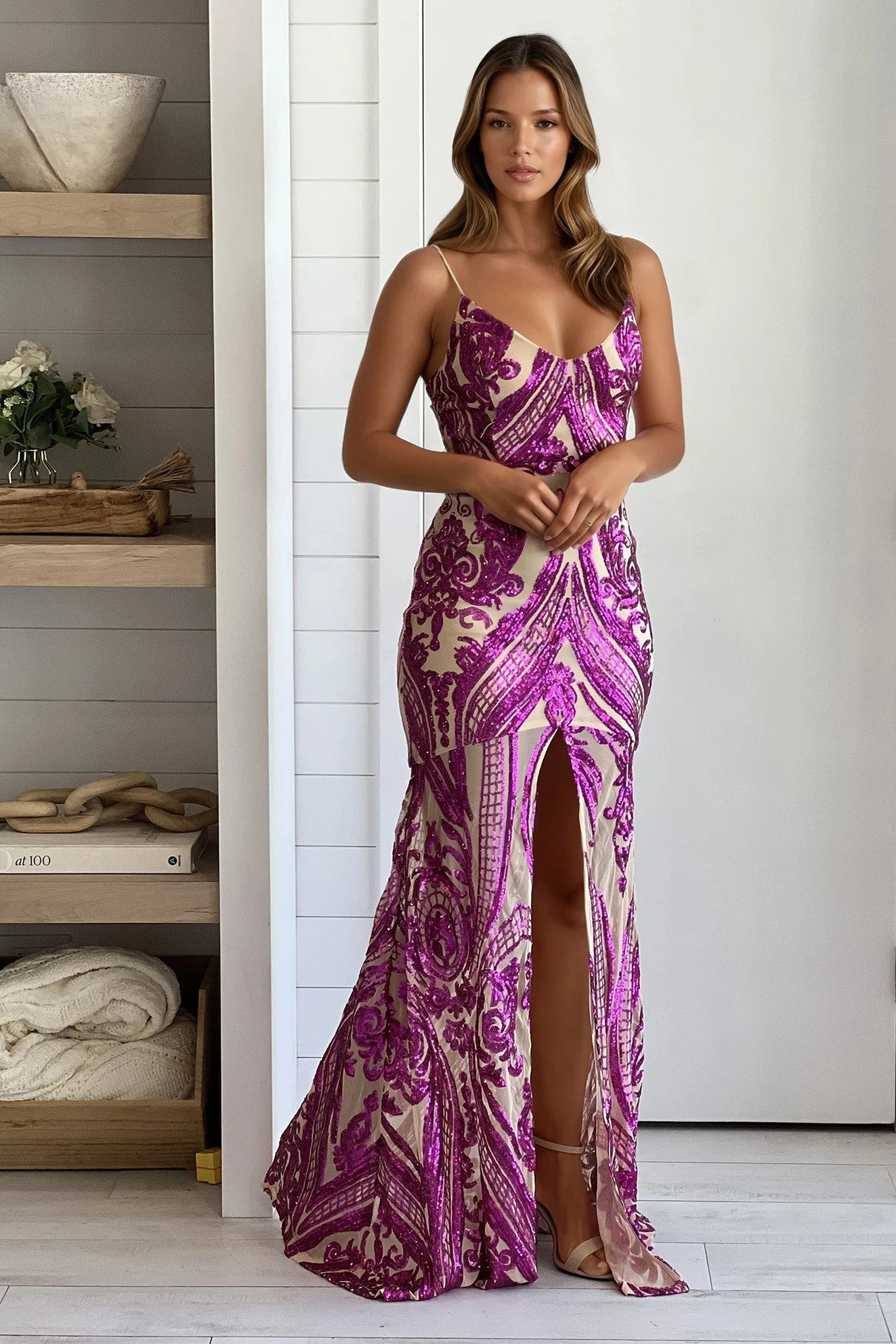 Nude And Fuchsia Sequin Maxi Dress With Front Slit