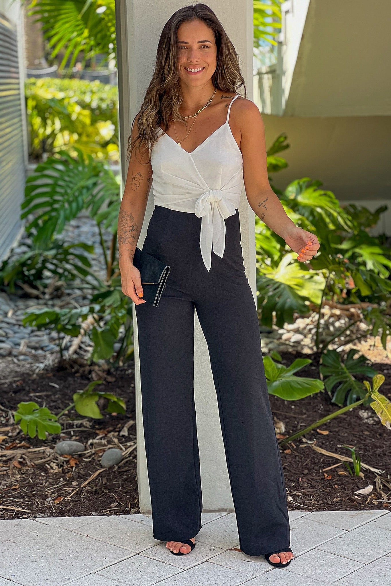 Off White And Black Front Tie Jumpsuit Jumpsuits – Saved by the