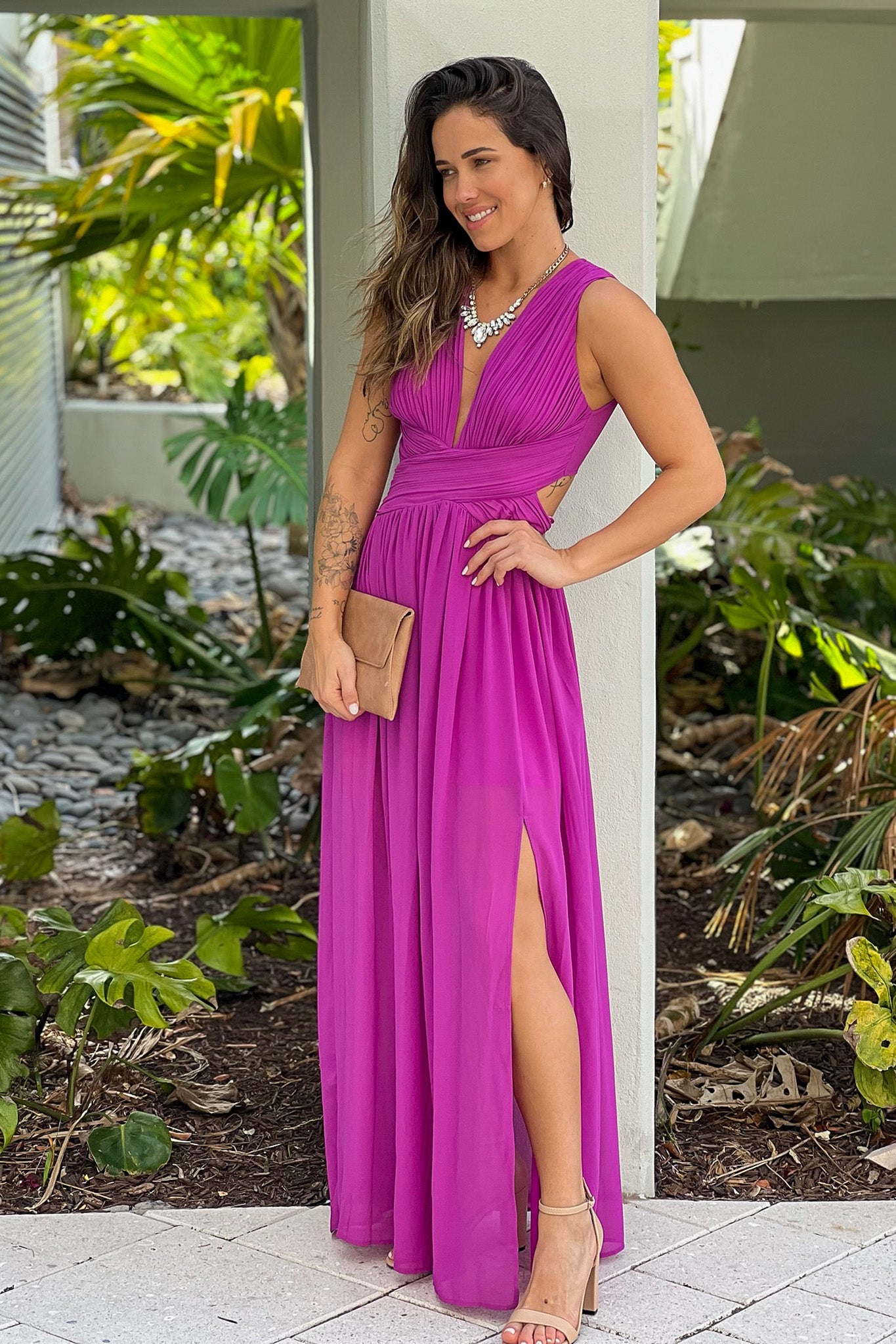 Orchid V-Neck Maxi Dress With Slit And Pleated Top Detail