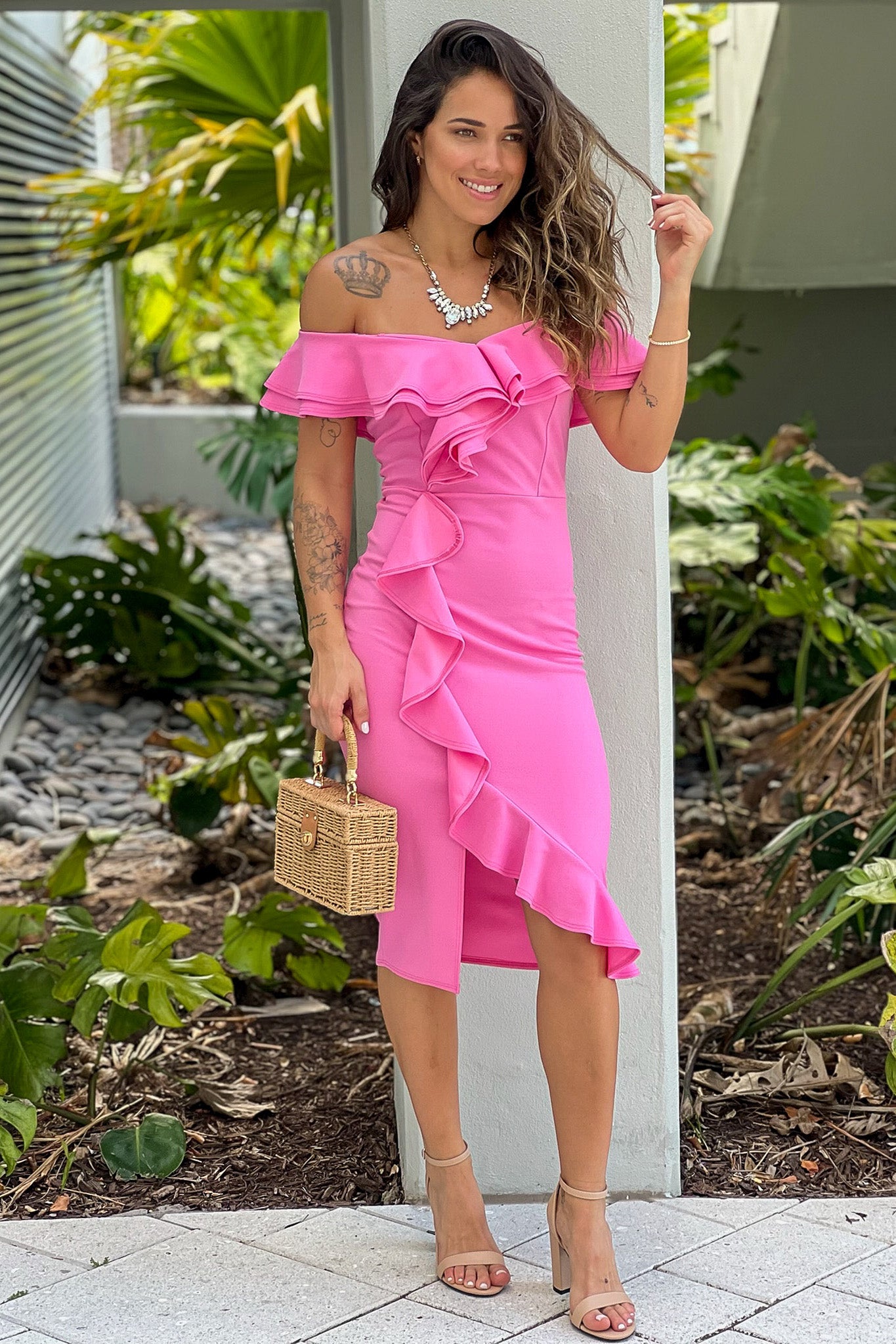 Solid Pink One Shoulder Simple Moment Ruffle Dress