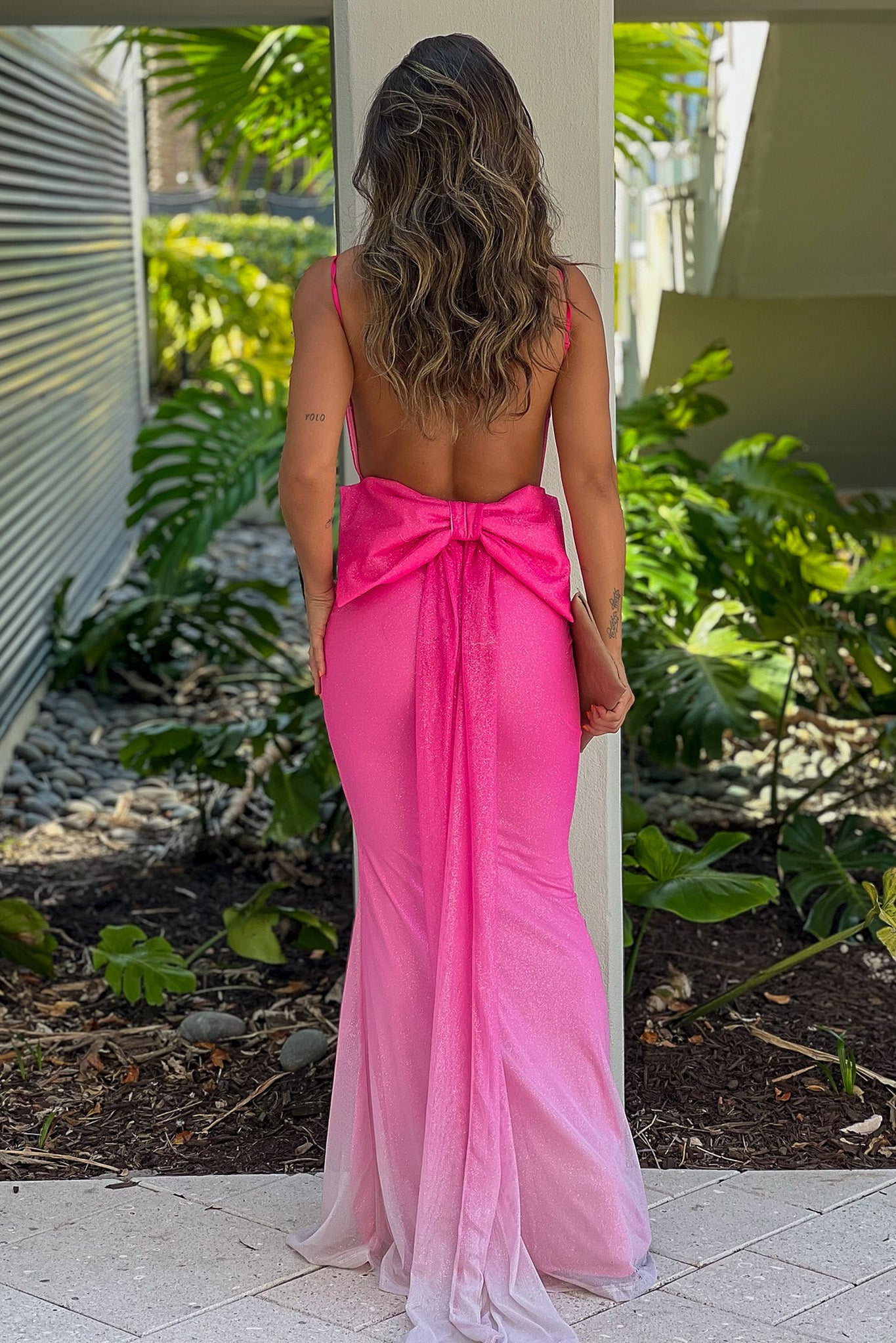 Pink Ombre Glitter Maxi Dress With Back Bow | Saved By The Dress Saved by the Dress Pink Ombre Glitter Maxi Dress With Back Bow | Saved By The Dress Saved by the Dress