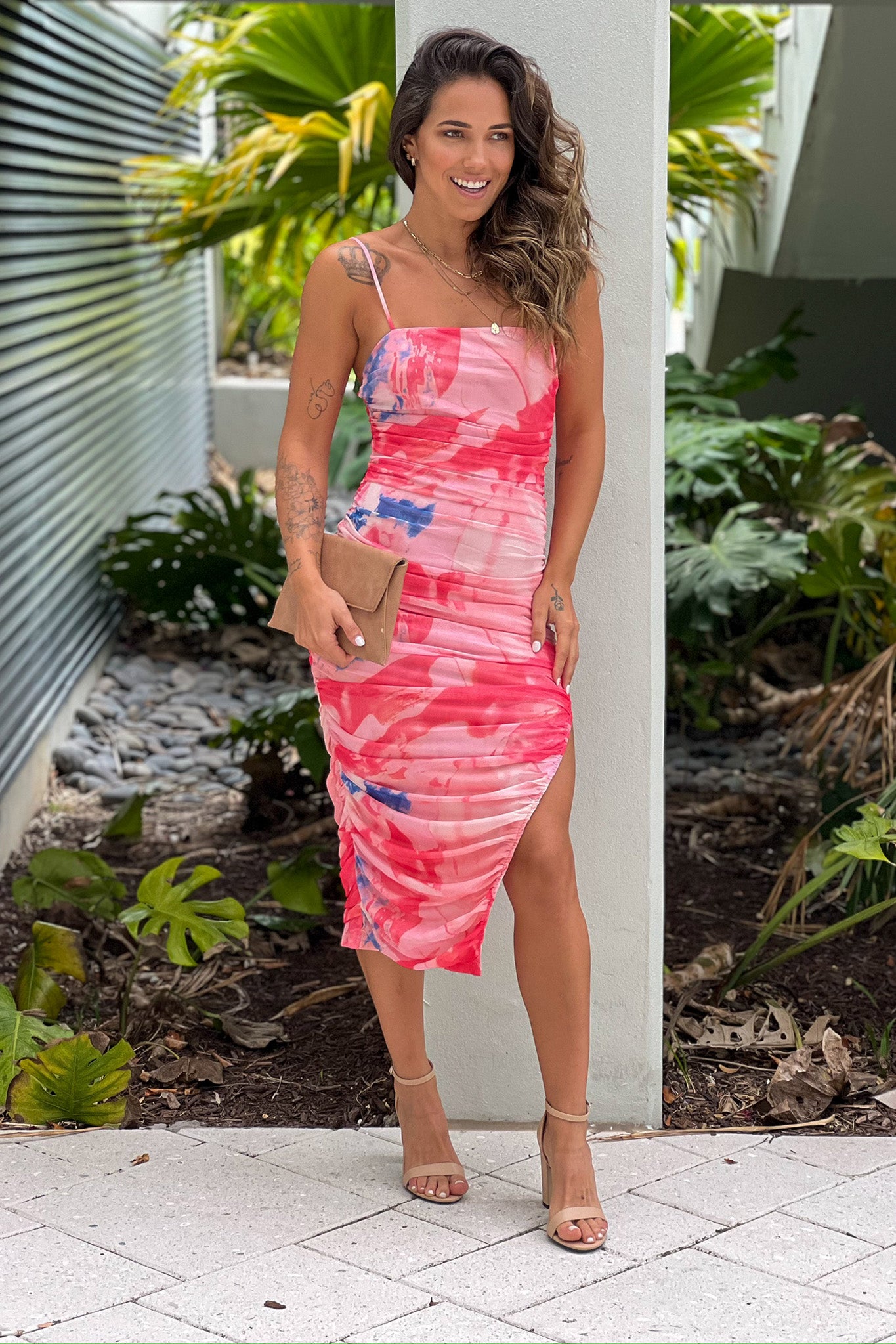 Pink Printed Mesh Ruched Midi Dress With Slit