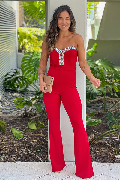 red jumpsuit with details