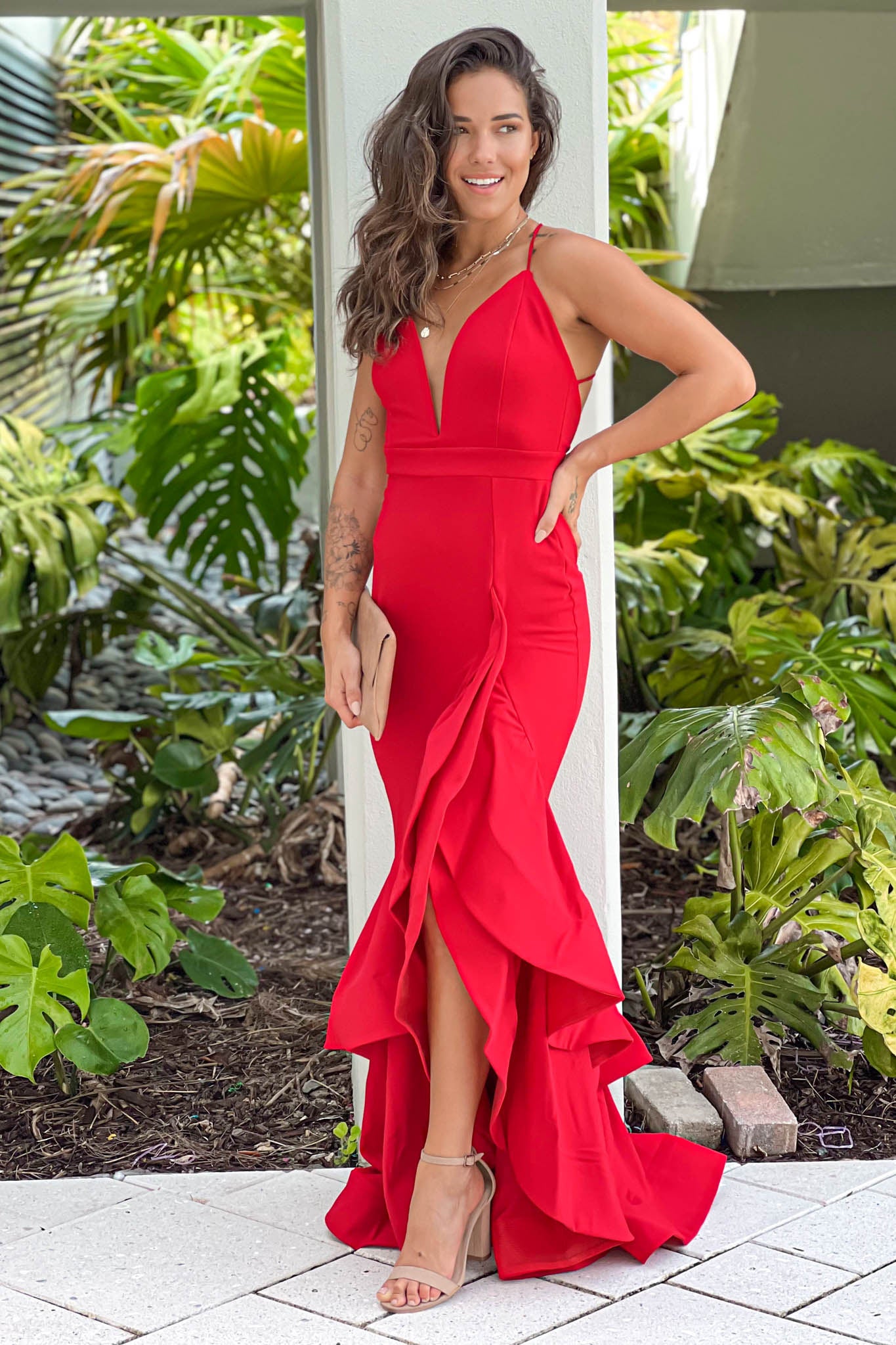 Red Layered Ruffle Train Maxi Dress | Maxi Dresses Saved by the Dress Red Layered Ruffle Train Maxi Dress | Maxi Dresses Saved by the Dress