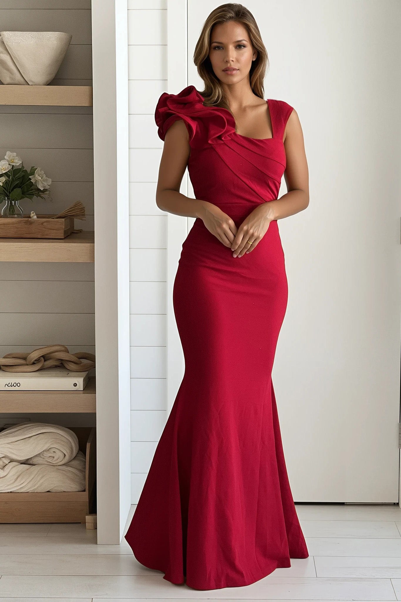 one shoulder maxi dress red Red Layered Ruffled One Shoulder Maxi Dress