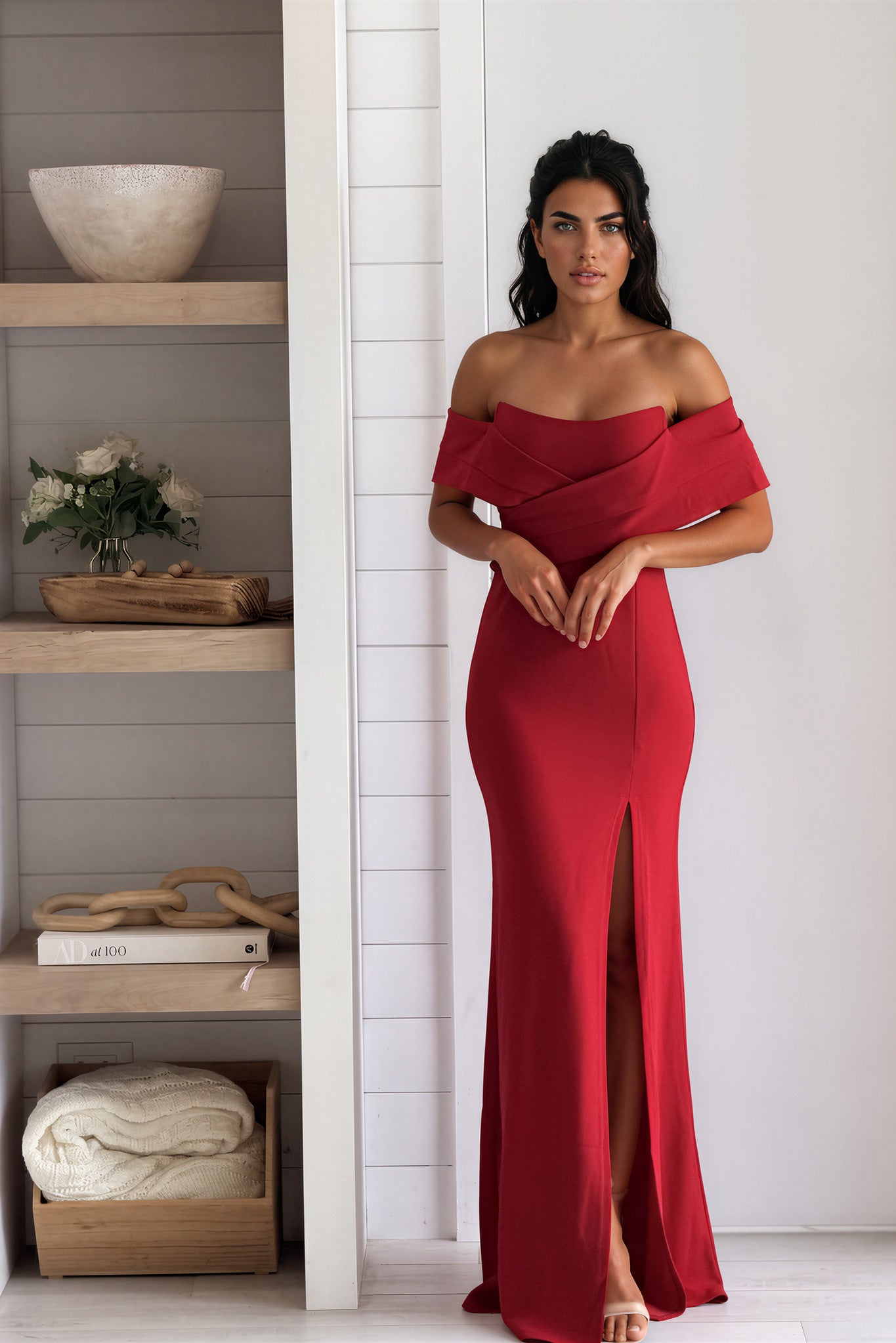 Red Off Shoulder Crossover Maxi Dress