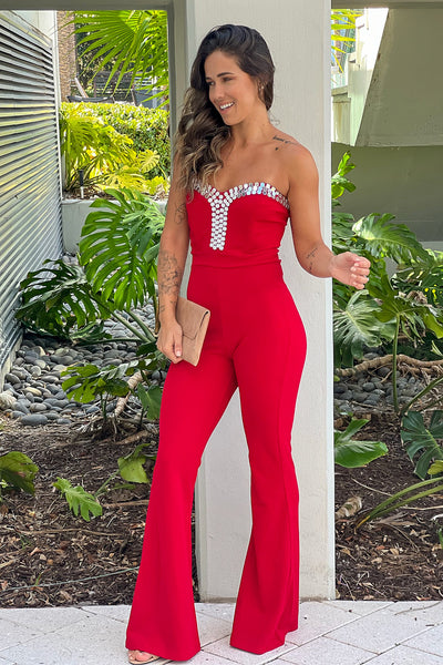 red strapless jumpsuit