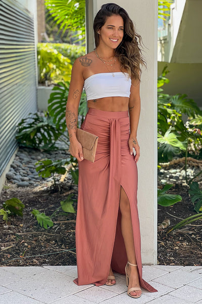 rose gold ruched maxi skirt