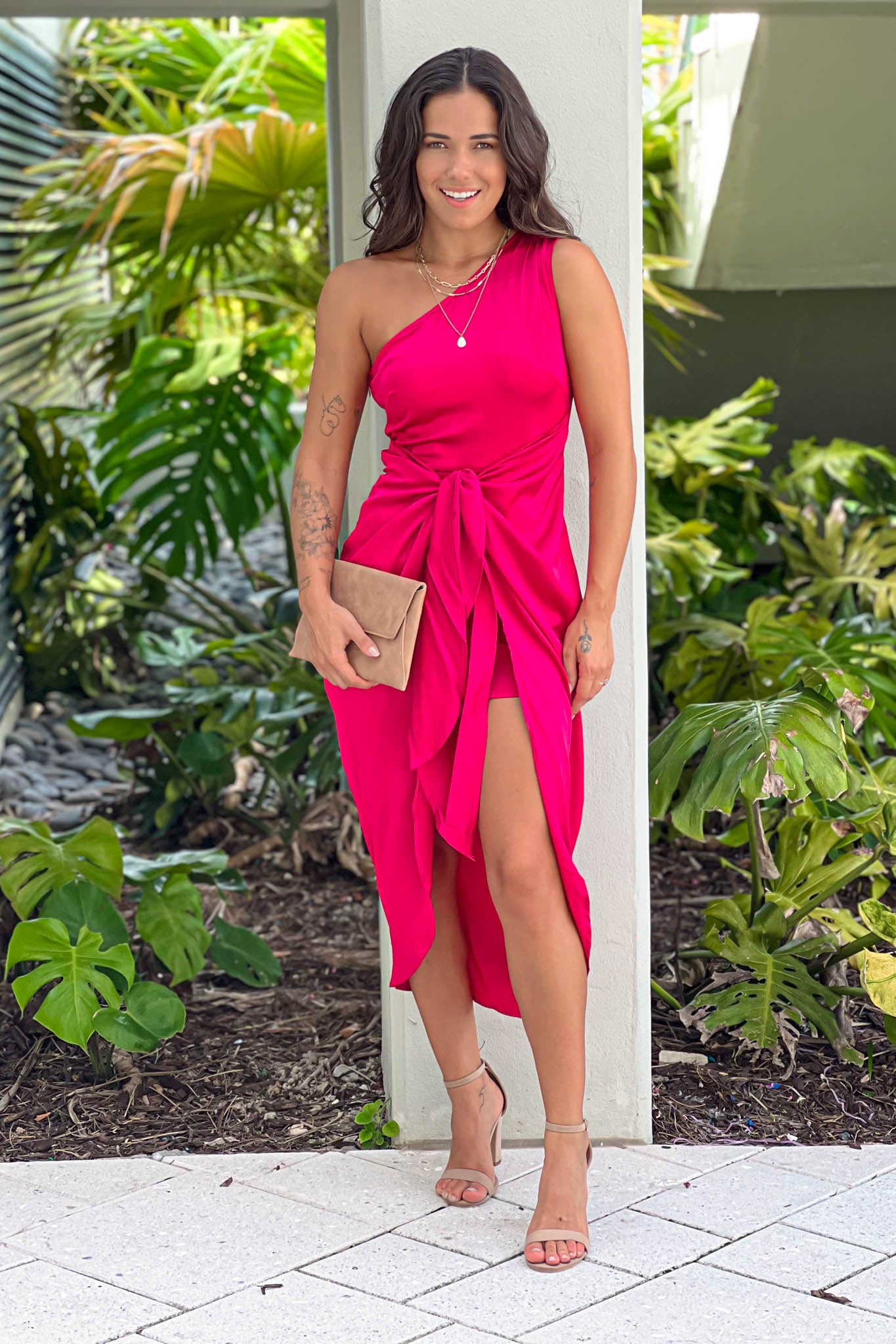 pink one shoulder midi dress Adrina | Dark PINK Draped One Shoulder Midi Dress