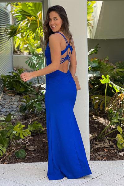 royal blue maxi dress with strappy back