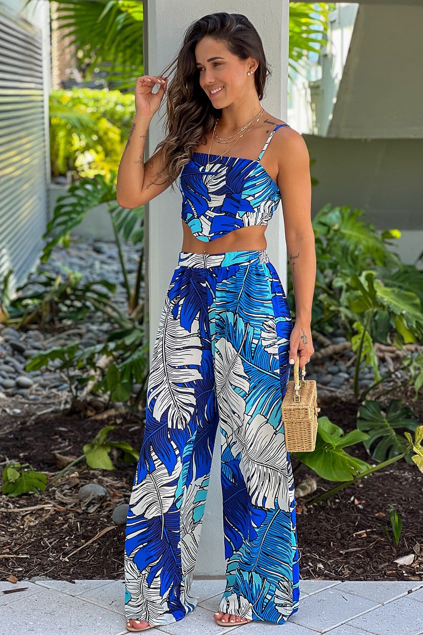 Royal Blue Printed Crop Top And Pants Set Online Boutiques