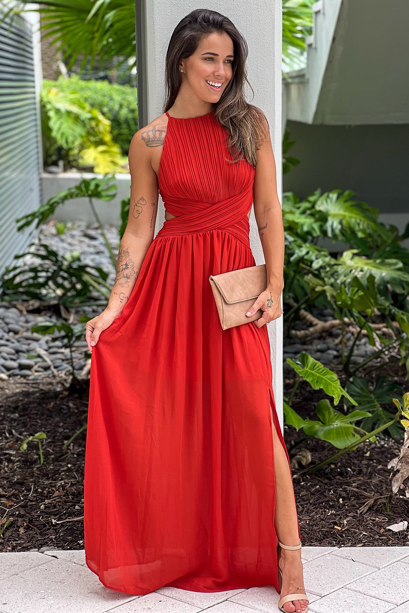 Rust Pleated Maxi Dress Maxi Dress Saved by the Dress