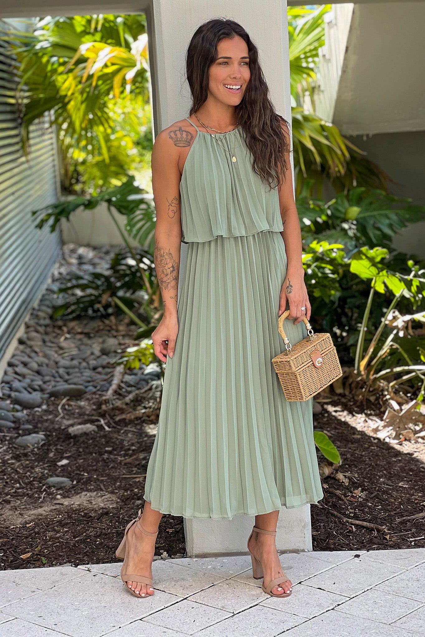 strapless open back dress Sage Pleated Midi Dress